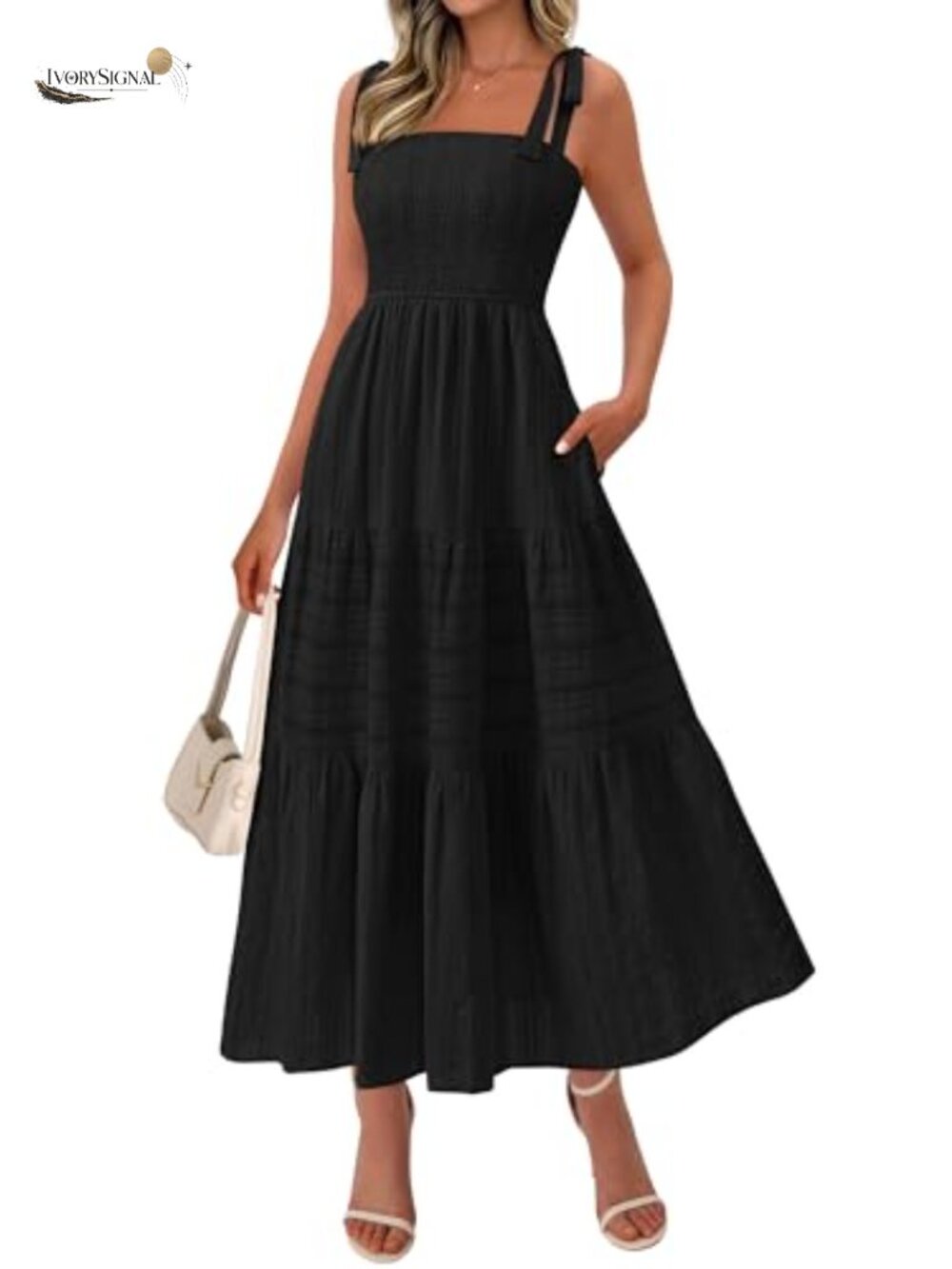 BTFBM Women's Boho Maxi Dress Sleeveless Smocked Square Neck